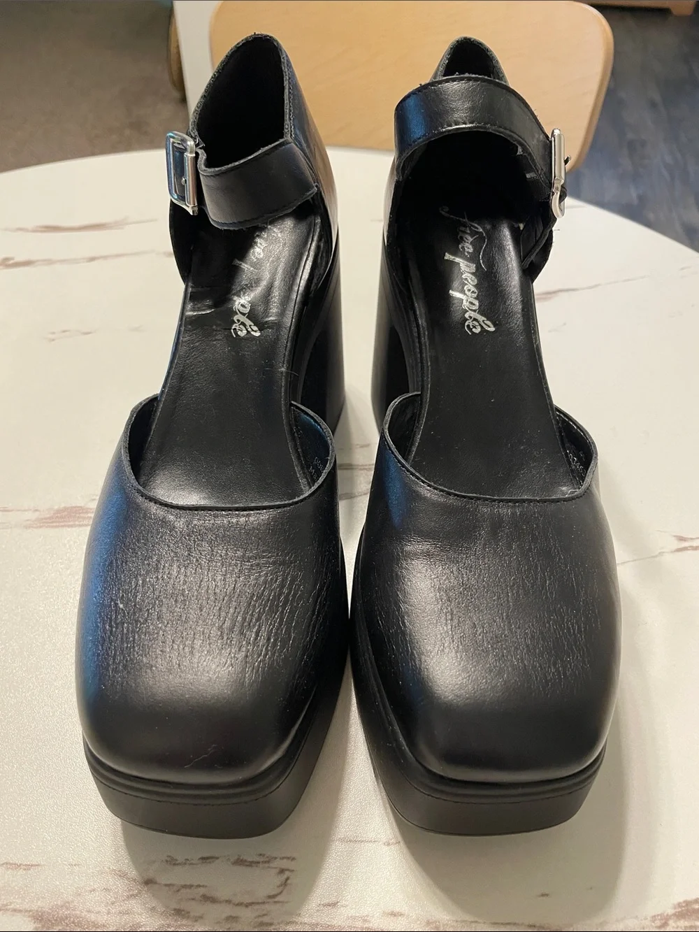 FREE PEOPLE Black Platform Mary Jane Heels with Ankle Strap very soft Leather 10